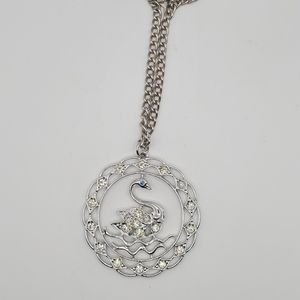 Sarah Coventry Vintage 1970 Swan Pendant/Necklace Blue Eye Rhinestones Sign
